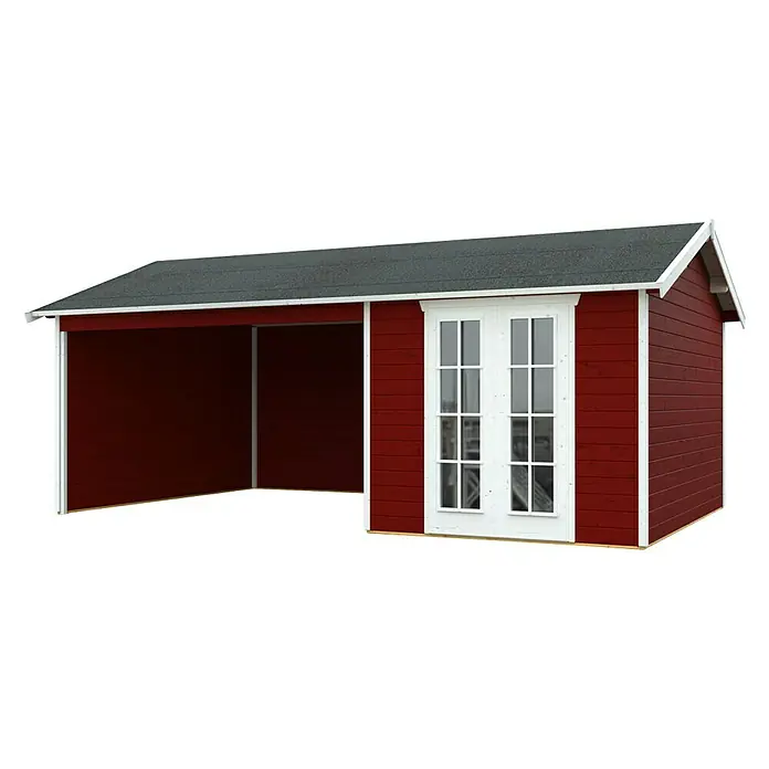 Skan Holz Gartenhaus Tilburg - B x T: 653 x 420 cm, Holz, 23,29 m², Wandstärke: 28 mm, Schwedenrot - Diagonale Ansicht