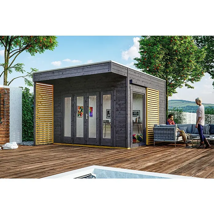 Skan Holz Gartenhaus Tokio 2 - B x T: 340 x 440 cm, Holz, 11,56 m², Schiefergrau, Doppelschalig - Stimmungsaufnahme