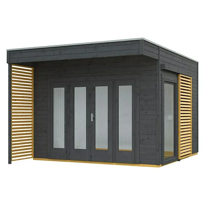 Skan Holz Gartenhaus Tokio 2 - B x T: 340 x 440 cm, Holz, 11,56 m², Schiefergrau, Doppelschalig - Diagonale Ansicht