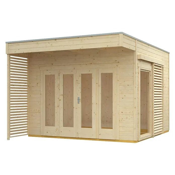 Skan Holz Gartenhaus Tokio 2 - B x T: 340 x 440 cm, Holz, 11,56 m², Natur, Doppelschalig - Diagonale Ansicht