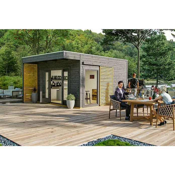 Skan Holz Gartenhaus Tokio 4 - B x T: 402 x 502 cm, Holz, 16,16 m², Doppelschalig, Schiefergrau - Stimmungsaufnahme