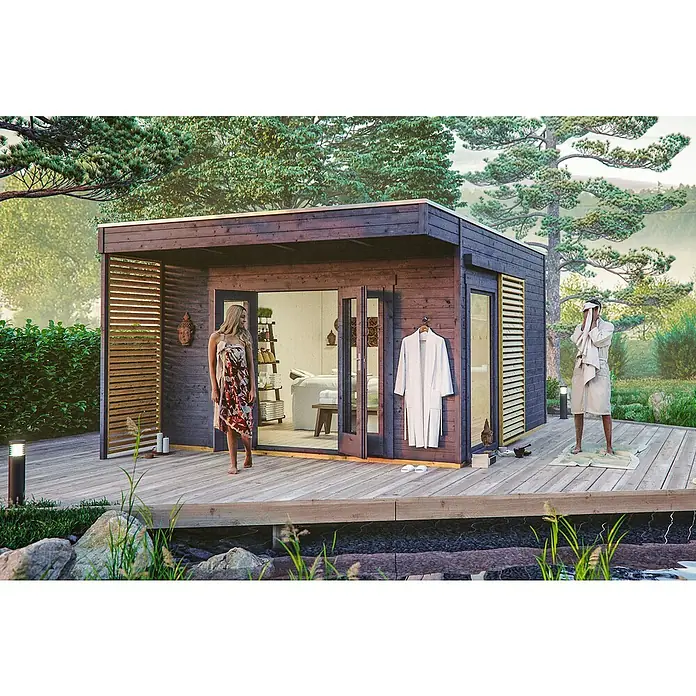 Skan Holz Gartenhaus Tokio 4 - B x T: 402 x 502 cm, Holz, 16,16 m², Doppelschalig, Schiefergrau - Stimmungsaufnahme