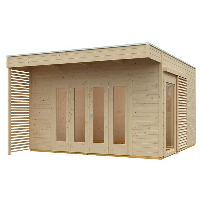 Skan Holz Gartenhaus Tokio 4 - B x T: 402 x 502 cm, Holz, 16,16 m², Doppelschalig, Natur - Diagonale Ansicht