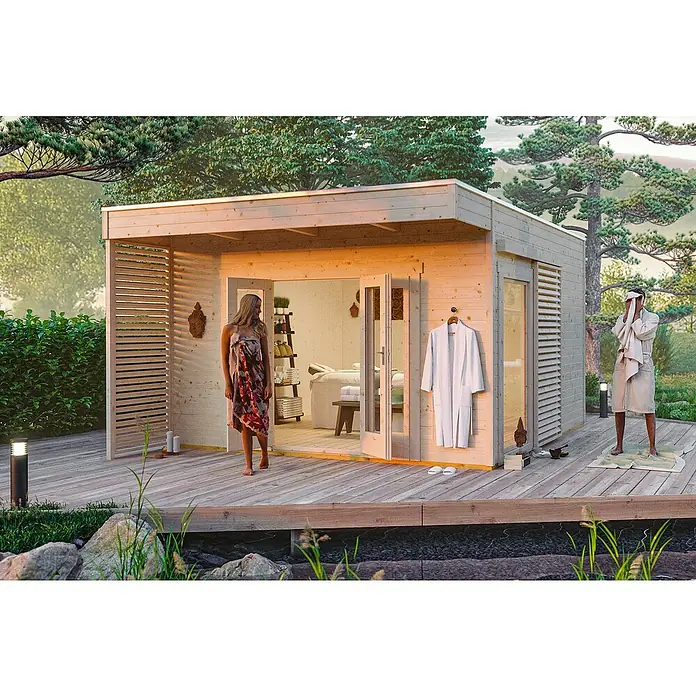 Skan Holz Gartenhaus Tokio 4 - B x T: 402 x 502 cm, Holz, 16,16 m², Doppelschalig, Natur - Stimmungsaufnahme