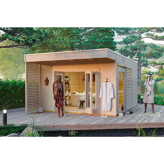 Skan Holz Gartenhaus Tokio 4 - B x T: 402 x 502 cm, Holz, 16,16 m², Einschalig, Natur - Stimmungsaufnahme