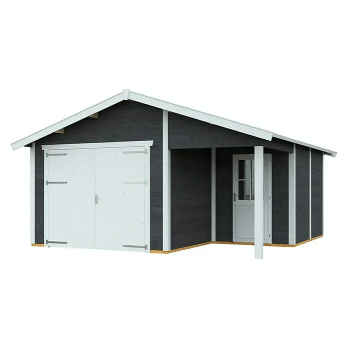 Skan Holz Garage Varberg 2 - B x T: 500 x 525 cm, Schiefergrau - Diagonale Ansicht