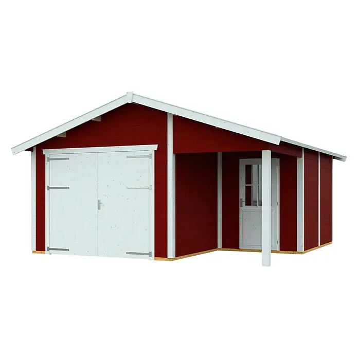 Skan Holz Garage Varberg 2 - B x T: 500 x 525 cm, Schwedenrot - Diagonale Ansicht