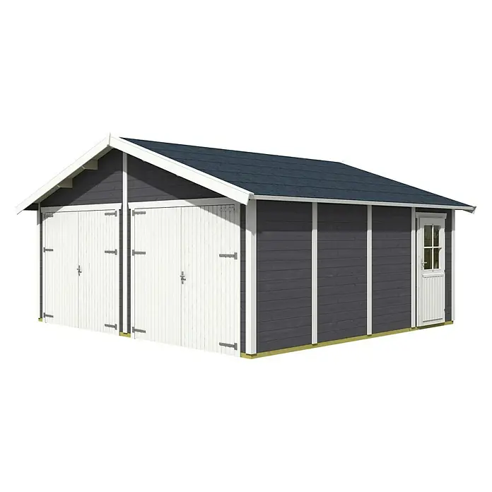 Skan Holz Garage Varberg 3 - B x T: 570 x 525 cm, Einfahrtshöhe: 198 cm, Schiefergrau - Diagonale Ansicht