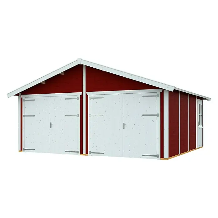 Skan Holz Garage Varberg 3 - B x T: 570 x 525 cm, Einfahrtshöhe: 198 cm, Schwedenrot - Diagonale Ansicht