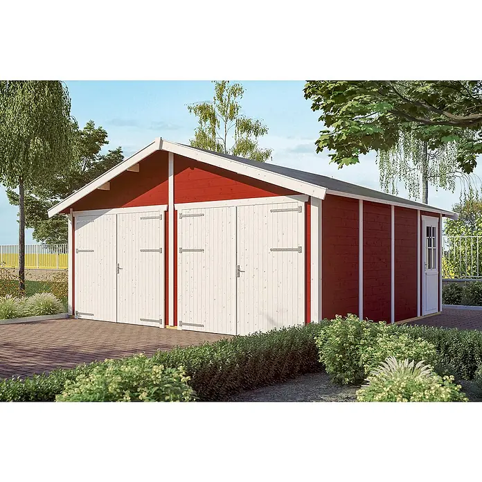 Skan Holz Garage Varberg 3 - B x T: 570 x 525 cm, Einfahrtshöhe: 198 cm, Schwedenrot - Stimmungsaufnahme