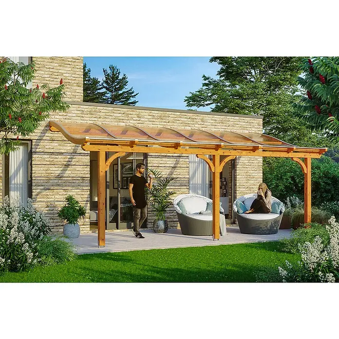 Skan Holz Terrassenüberdachung Venezia - L x T: 648 x 239 cm, Polycarbonat, Eiche Hell - Stimmungsaufnahme