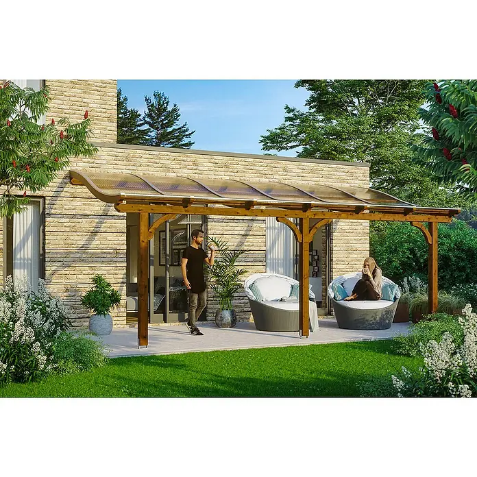 Skan Holz Terrassenüberdachung Venezia - L x T: 648 x 239 cm, Polycarbonat, Nussbaum - Stimmungsaufnahme