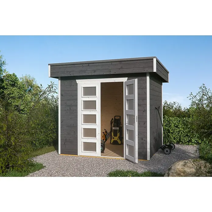 Skan Holz Gartenhaus Venlo 1 - B x T: 290 x 290 cm, Holz, Wandstärke: 28 mm, Schiefergrau - Stimmungsaufnahme