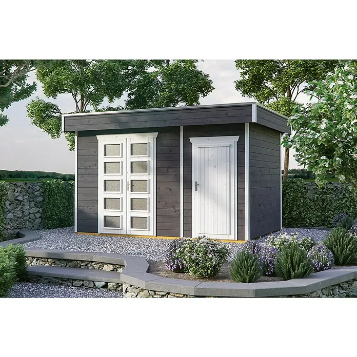Skan Holz Gartenhaus Venlo 3 - B x T: 420 x 290 cm, Holz, 9,5 m², Wandstärke: 28 mm, Schiefergrau - Stimmungsaufnahme