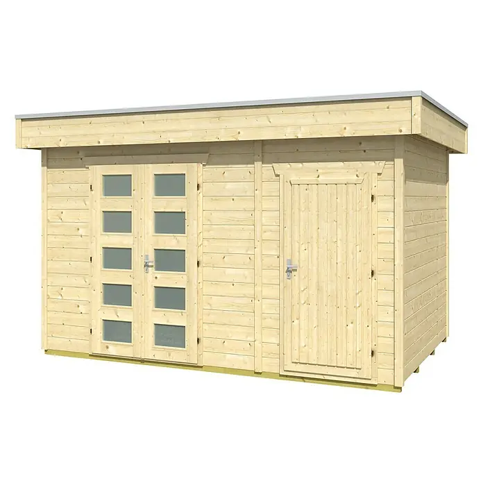 Skan Holz Gartenhaus Venlo 3 - B x T: 420 x 290 cm, Holz, 9,5 m², Wandstärke: 28 mm, Natur - Diagonale Ansicht