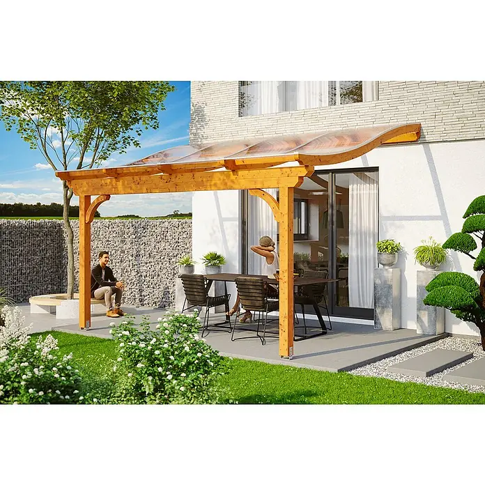 Skan Holz Terrassenüberdachung Verona - L x T: 434 x 289 cm, Fichtenholz, Eiche Hell - Stimmungsaufnahme
