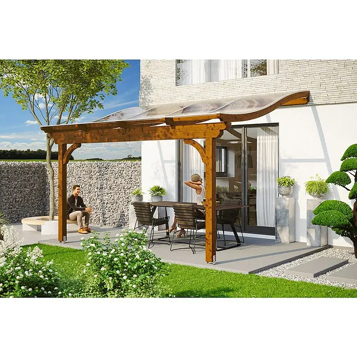 Skan Holz Terrassenüberdachung Verona - L x T: 434 x 339 cm, Fichtenholz, Nussbaum - Stimmungsaufnahme