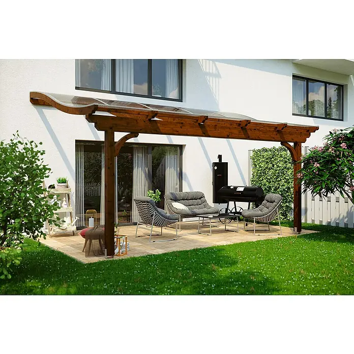 Skan Holz Terrassenüberdachung Verona - B x T: 541 x 289 cm, Fichtenholz, Nussbaum - Stimmungsaufnahme