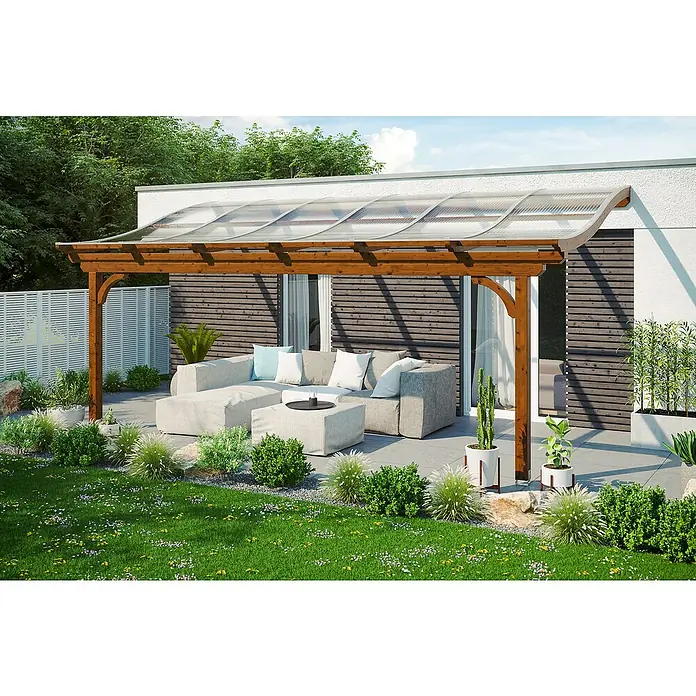 Skan Holz Terrassenüberdachung Verona - B x T: 648 x 289 cm, Fichtenholz, Nussbaum - Stimmungsaufnahme