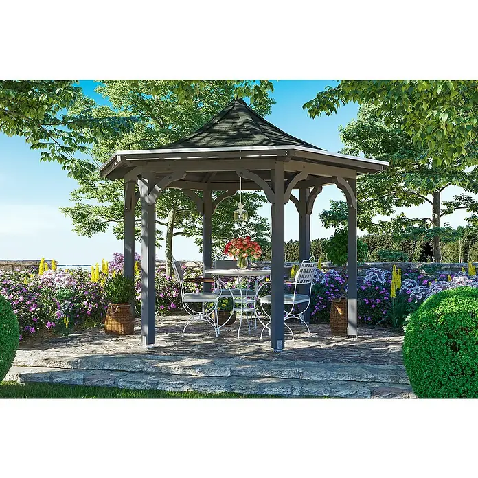 Skan Holz Pavillon Versailles - L x B: 360 x 418 cm, Schiefergrau - Stimmungsaufnahme