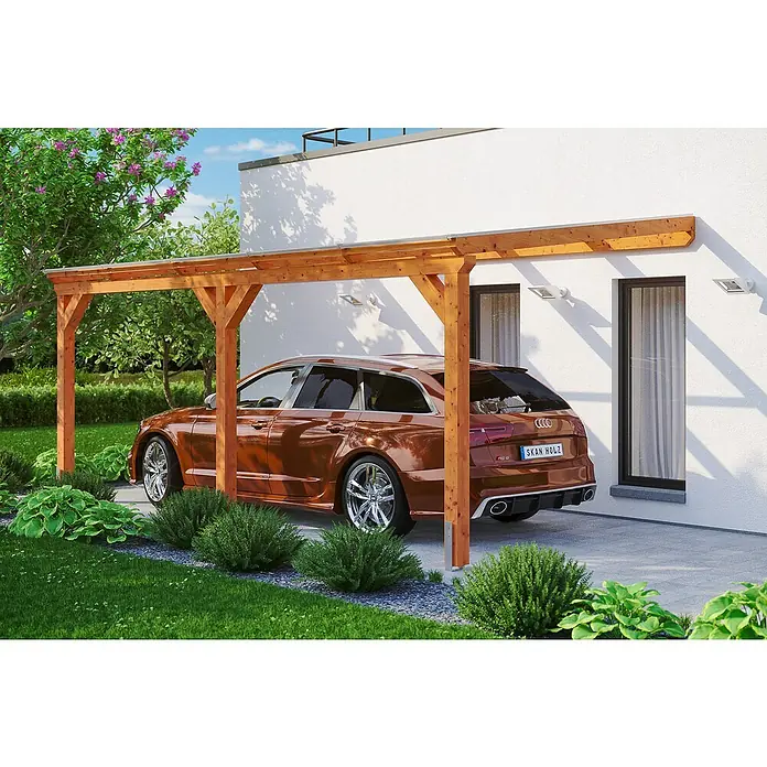 Skan Holz Carport Vogtland - L x B: 541 x 300 cm, Einfahrtshöhe: 213 cm, Eiche Hell - Anwendungsbeispiel