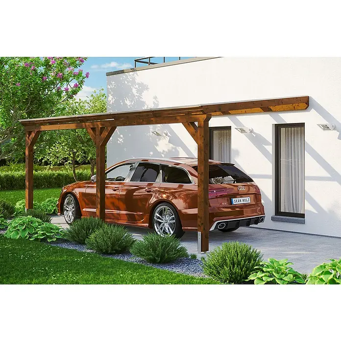 Skan Holz Carport Vogtland - L x B: 541 x 300 cm, Einfahrtshöhe: 213 cm, Nussbaum - Anwendungsbeispiel