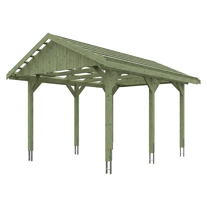 Skan Holz Carport Wallgau - L x B: 500 x 380 cm, Einfahrtshöhe: 215 cm, Grün - Diagonale Ansicht
