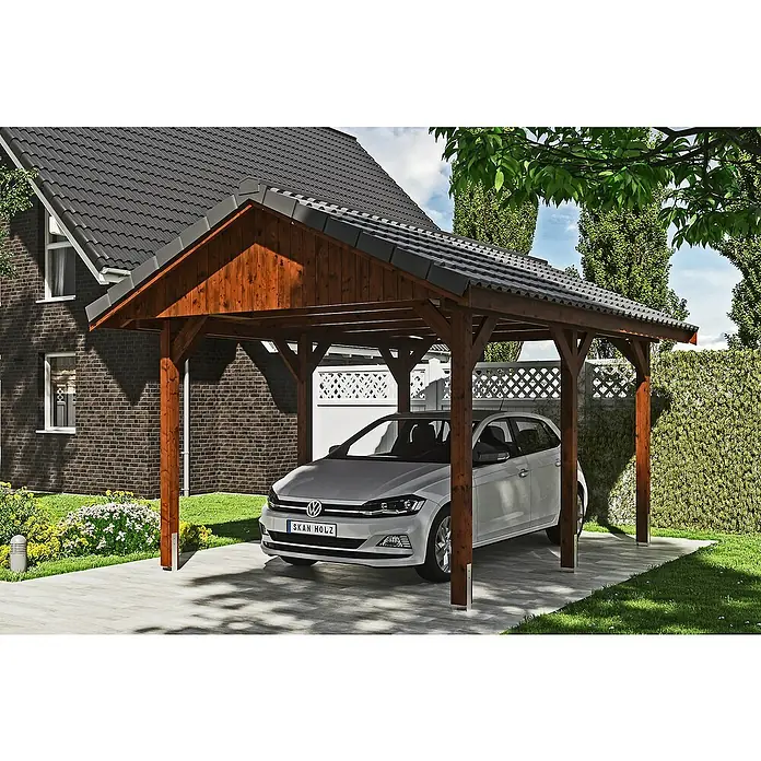 Skan Holz Carport Wallgau - L x B: 500 x 380 cm, Einfahrtshöhe: 215 cm, Nussbaum - Anwendungsbeispiel