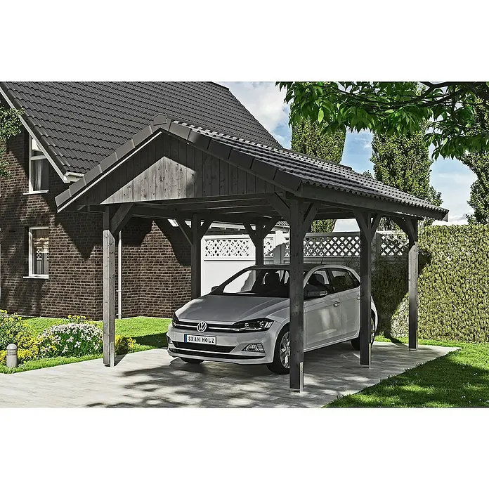 Skan Holz Carport Wallgau - L x B: 500 x 380 cm, Einfahrtshöhe: 215 cm, Schiefergrau - Anwendungsbeispiel