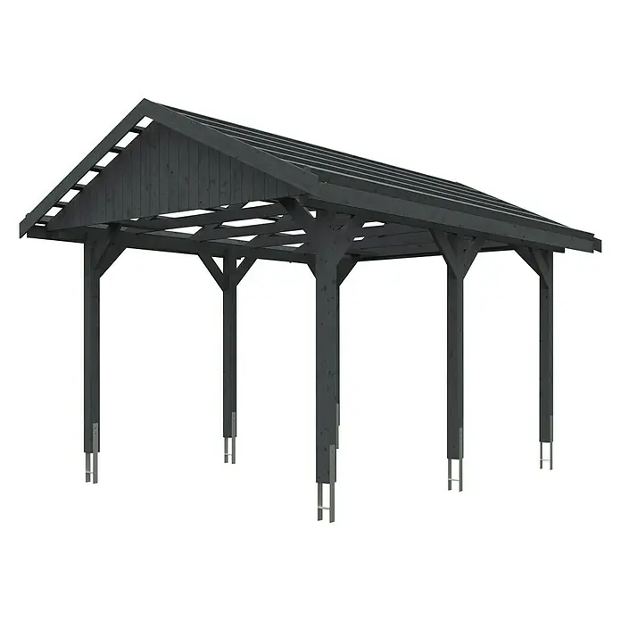 Skan Holz Carport Wallgau - L x B: 500 x 380 cm, Einfahrtshöhe: 215 cm, Schiefergrau - Diagonale Ansicht