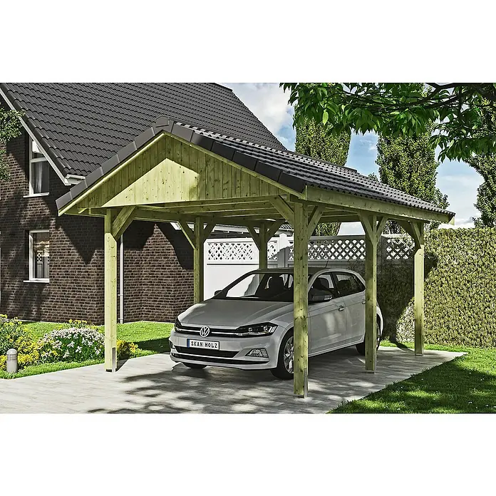 Skan Holz Carport Wallgau - L x B: 500 x 380 cm, Einfahrtshöhe: 215 cm, Grün - Anwendungsbeispiel