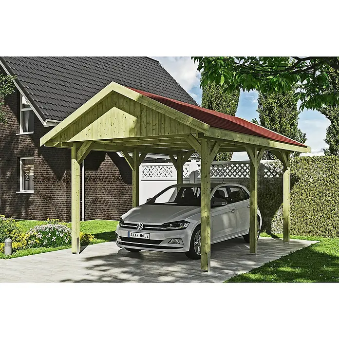 Skan Holz Carport Wallgau - L x B: 500 x 380 cm, Einfahrtshöhe: 215 cm, Farbe Dach: Rot - Anwendungsbeispiel