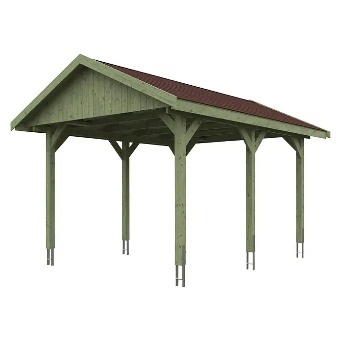Skan Holz Carport Wallgau - L x B: 500 x 380 cm, Einfahrtshöhe: 215 cm, Farbe Dach: Rot - Diagonale Ansicht