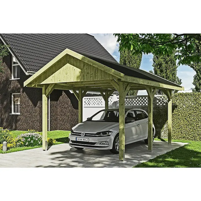 Skan Holz Carport Wallgau - L x B: 500 x 380 cm, Einfahrtshöhe: 215 cm, Farbe Dach: Schwarz - Anwendungsbeispiel