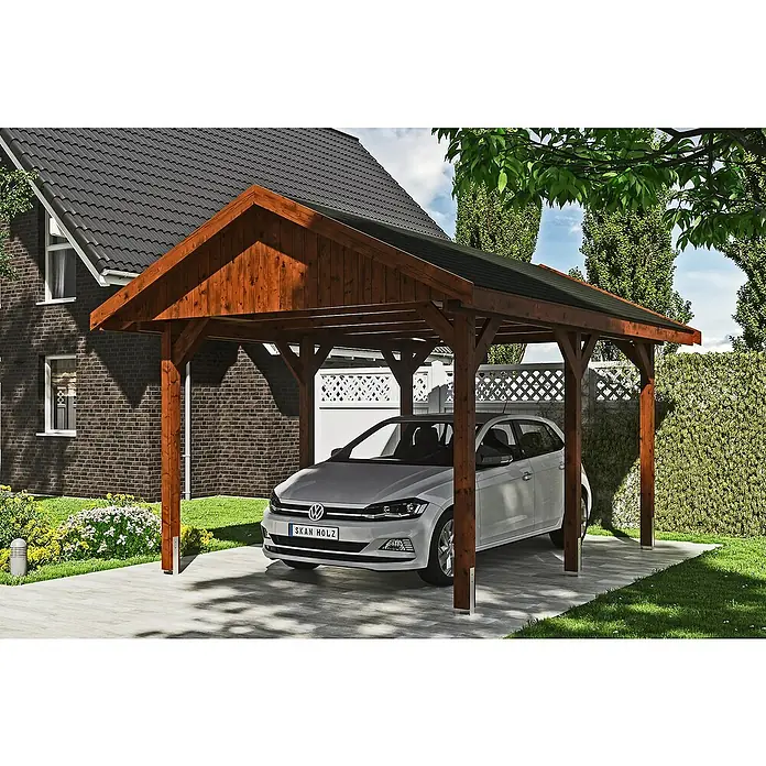 Skan Holz Carport Wallgau - L x B: 500 x 380 cm, Einfahrtshöhe: 215 cm, Nussbaum, Schwarze Bitumenschindeln - Anwendungsbeispiel