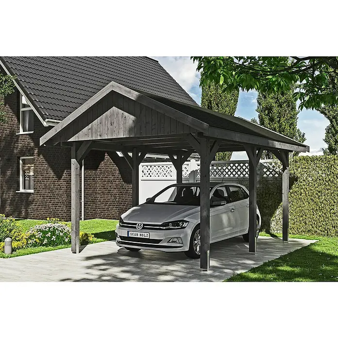 Skan Holz Carport Wallgau - L x B: 500 x 380 cm, Einfahrtshöhe: 215 cm, Schiefergrau, Schwarze Bitumenschindeln - Anwendungsbeispiel