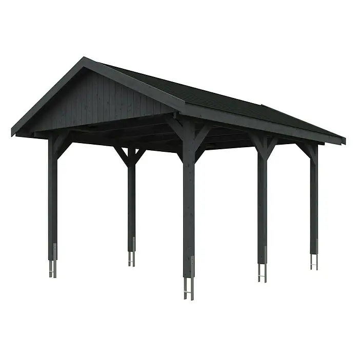 Skan Holz Carport Wallgau - L x B: 500 x 380 cm, Einfahrtshöhe: 215 cm, Schiefergrau, Schwarze Bitumenschindeln - Diagonale Ansicht