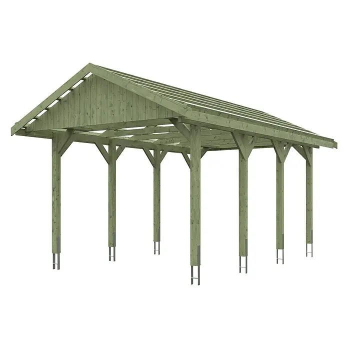Skan Holz Carport Wallgau - L x B: 600 x 380 cm, Einfahrtshöhe: 215 cm, Grün, Dachlatten zur Eindeckung mit Dachziegeln - Diagonale Ansicht
