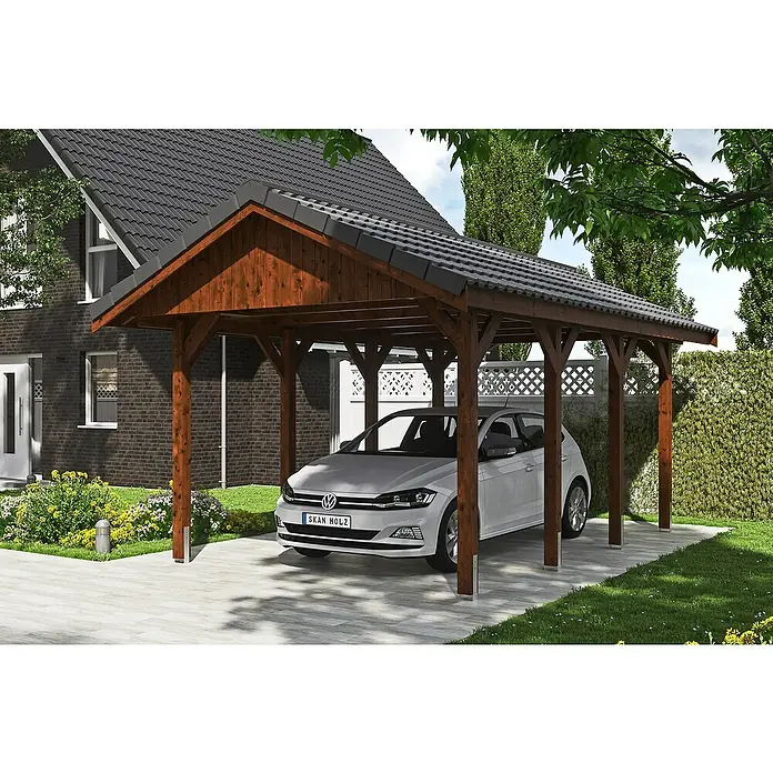 Skan Holz Carport Wallgau - L x B: 600 x 380 cm, Einfahrtshöhe: 215 cm, Nussbaum, Dachlatten zur Eindeckung mit Dachziegeln - Anwendungsbeispiel