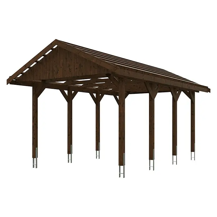 Skan Holz Carport Wallgau - L x B: 600 x 380 cm, Einfahrtshöhe: 215 cm, Nussbaum, Dachlatten zur Eindeckung mit Dachziegeln - Diagonale Ansicht