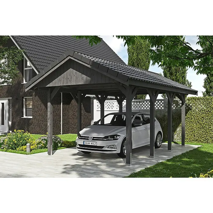 Skan Holz Carport Wallgau - L x B: 600 x 380 cm, Einfahrtshöhe: 215 cm, Schiefergrau, Dachlatten zur Eindeckung mit Dachziegeln - Anwendungsbeispiel