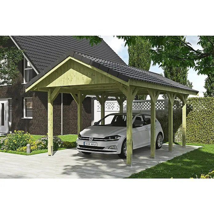 Skan Holz Carport Wallgau - L x B: 600 x 380 cm, Einfahrtshöhe: 215 cm, Grün, Dachlatten zur Eindeckung mit Dachziegeln - Anwendungsbeispiel