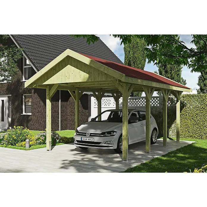 Skan Holz Carport Wallgau - L x B: 600 x 380 cm, Einfahrtshöhe: 215 cm, Farbe Dach: Rot - Anwendungsbeispiel