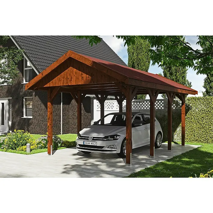 Skan Holz Carport Wallgau - L x B: 600 x 380 cm, Einfahrtshöhe: 215 cm, Nussbaum, Rote Bitumenschindeln - Anwendungsbeispiel