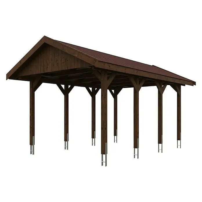 Skan Holz Carport Wallgau - L x B: 600 x 380 cm, Einfahrtshöhe: 215 cm, Nussbaum, Rote Bitumenschindeln - Diagonale Ansicht