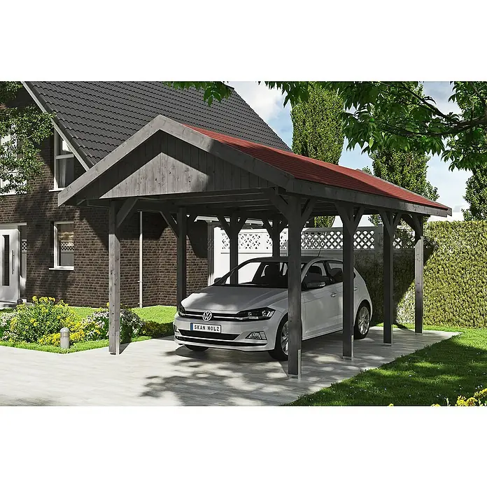 Skan Holz Carport Wallgau - L x B: 600 x 380 cm, Einfahrtshöhe: 215 cm, Schiefergrau - Anwendungsbeispiel