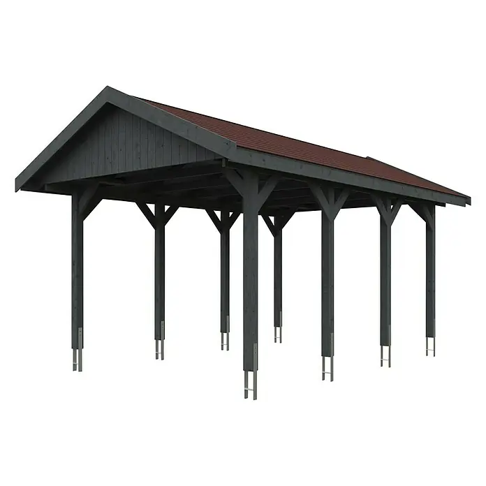Skan Holz Carport Wallgau - L x B: 600 x 380 cm, Einfahrtshöhe: 215 cm, Schiefergrau - Diagonale Ansicht