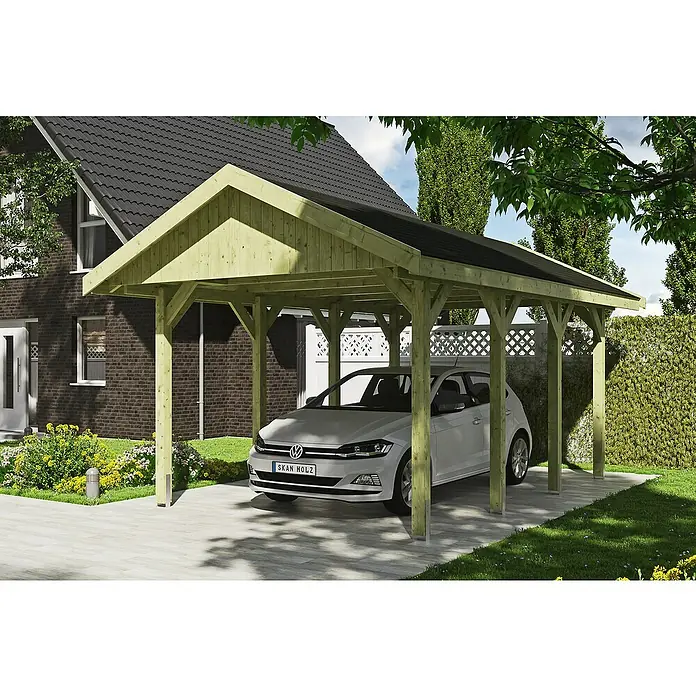 Skan Holz Carport Wallgau - L x B: 600 x 380 cm, Einfahrtshöhe: 215 cm, Farbe Dach: Schwarz - Anwendungsbeispiel