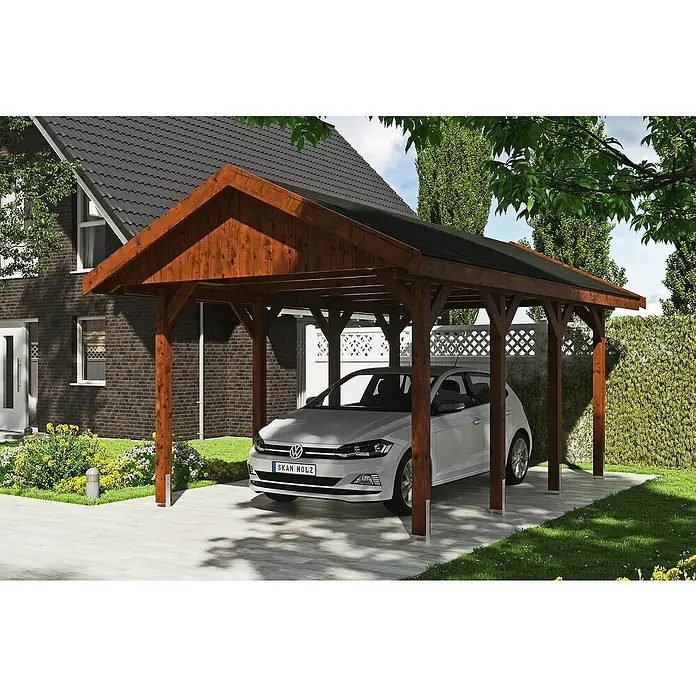 Skan Holz Carport Wallgau - L x B: 600 x 380 cm, Einfahrtshöhe: 215 cm, Nussbaum - Anwendungsbeispiel