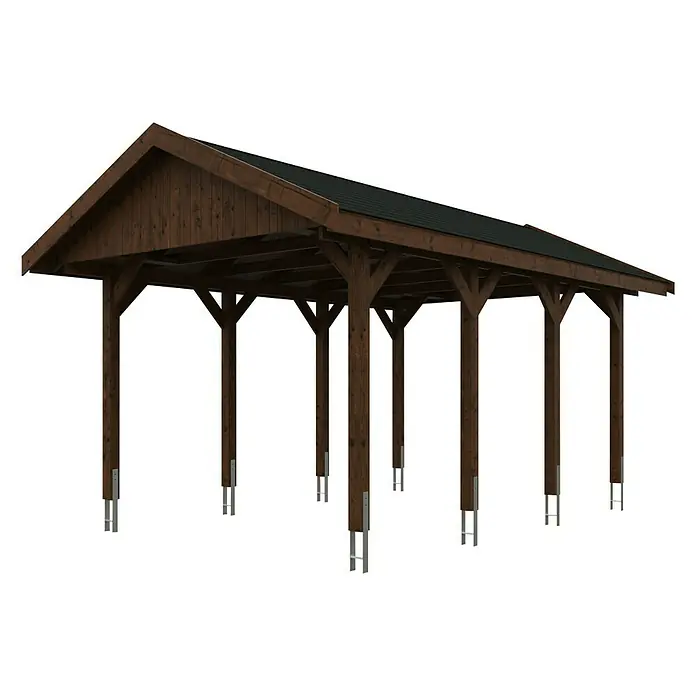 Skan Holz Carport Wallgau - L x B: 600 x 380 cm, Einfahrtshöhe: 215 cm, Nussbaum - Diagonale Ansicht